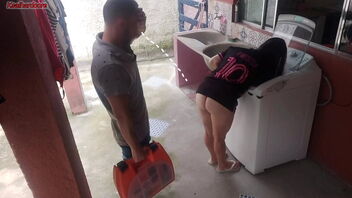 Perfect housewife satisfies the technician with her ass while her husband is away