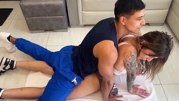 A petite Colombian woman gets some exercise with a hot gym trainer.