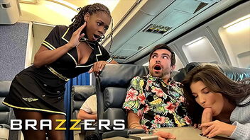 Good-looking Lucky gets to have sex with flight attendant Hazel Grace in private and then they both get to have sex with LaSirena69 in a 3 woman action.