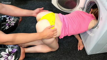 Tiny stepsister gets stuck in the washing machine and enjoys it a lot.