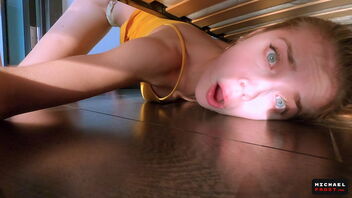 Petite brunette step sister gets stuck under the bed and this time her brother comes to her aid in a hot scene.