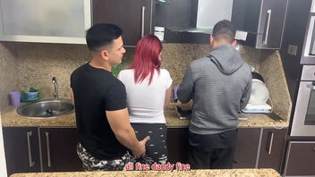 Cuckold husband watches as his friend gropes his wife in the kitchen