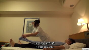 Massaging a naked Japanese hotel guest and eating her hairy pussy
