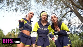 Fitness enthusiasts Chloe Temple, Aubry Babcock, and Sawyer Cassidy enjoy a protein shot after a workout.