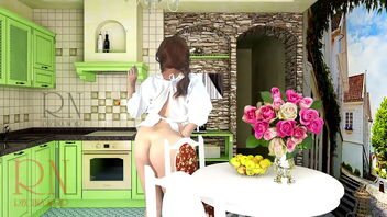 A cheerful maid without panties eats a lot of bananas in the dining room. ASMR