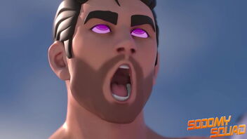 A group of gay heroes in an animated porn movie engaging in oral sex.