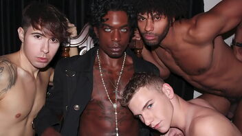 Interracial and anal scenes in a gay gangbang orgy