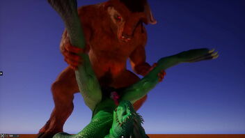 3D game of gay fantasy with Minotaur and Green Lizard